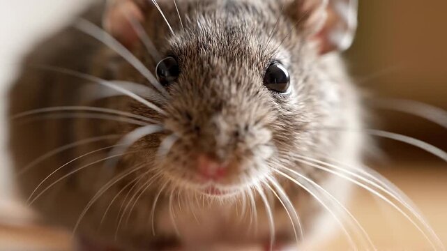 Closeup Portrait of a Curious Small Domestic Mouse indoors in Soft Warm Light.