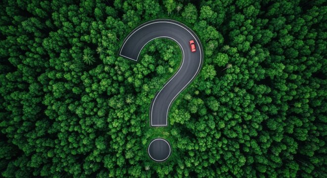 Red car driving on winding road shaped like question mark through forest