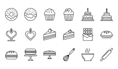 Thin outline cake and dessert icons black white minimalist vector symbols for UI and app design © Shukimon