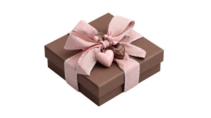 Obraz premium Delightful brown gift box embellished with a soft pink ribbon and cluster of heart-shaped ornaments for a sweet and charming present