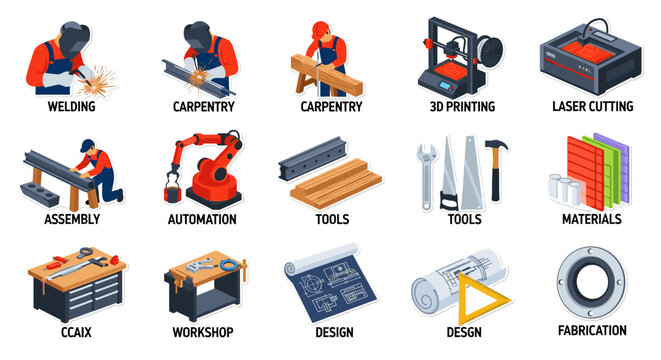 Industrial manufacturing processes and design isometric icon set