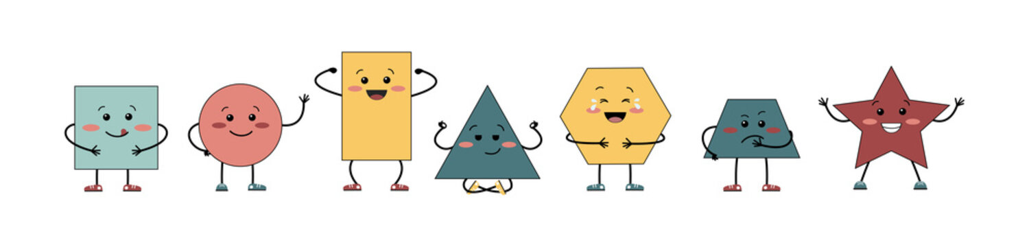 Cute cartoon geometric shapes circle, square, rectangle, star, trapezoid, hexagon, triangle