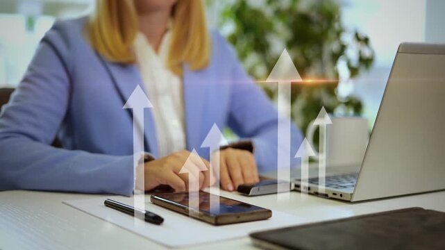 Startup business growth concept, rocket launch animation and arrows pointing up