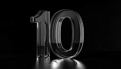 Number 10 in solid glass, black surface, bold highlights, and fine diagonal line pattern.