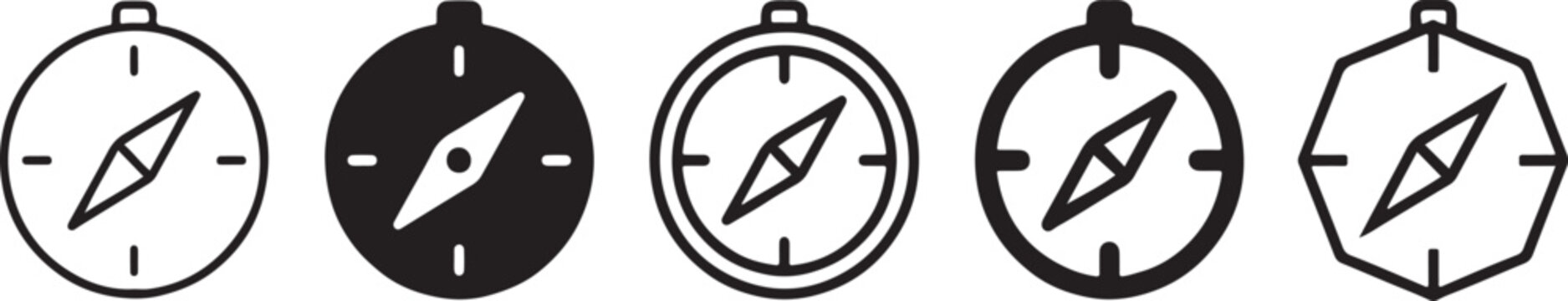 Black and white compass navigation icon set in outline and solid styles, minimalist flat vector symbols for direction, travel, and maps UI