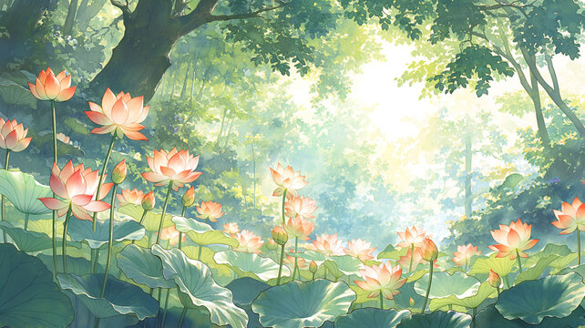 神秘的な森に差し込む光と静かに咲く蓮の花が織りなす幻想的なスピリチュアル風景イラスト背景素材