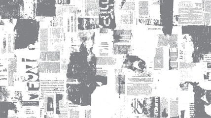 Collage of newspaper clippings and text fragments in gray and white tones print vintage © Pixel Park