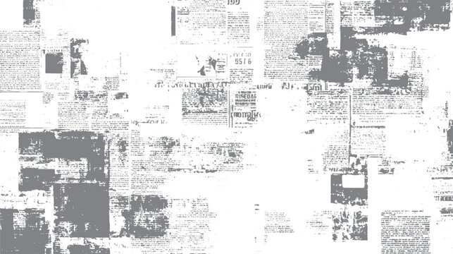 Grey newspaper clippings and text fragments overlayed on a white background print vintage grunge