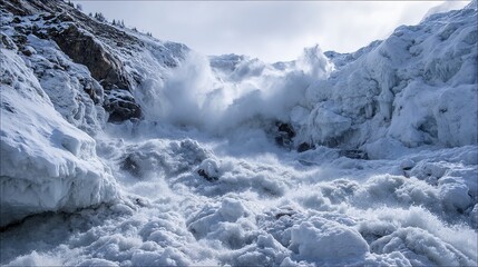 Mountain river bursting through shattered ice dam with explosive force