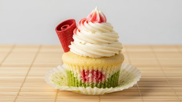 Delicious vanilla cupcake with white frosting, red fruit leather decoration, served on a white paper liner on a bamboo mat