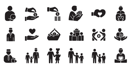 Zakat, almsgiving and donation icon set. collection of charity and kindness solid vector signs