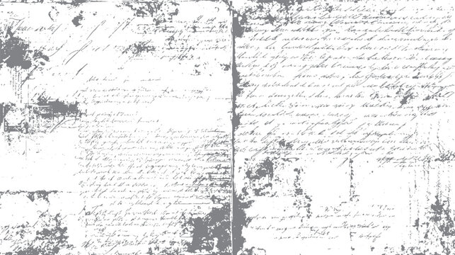 Faded grey handwritten script on white background with distressed texture and ink splatters. Aged parchment paper with illegible text and smudges