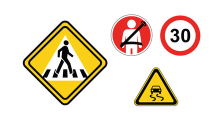 Pedestrian crossing, no seatbelt, speed limit, slippery road signs