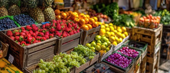 The Fruit Market Display with Vibrant Fresh Seasonal Produce in Wooden Crates