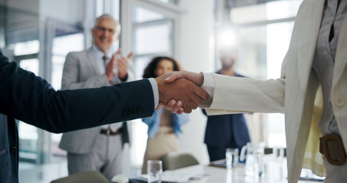 People, meeting and handshake with applause in office for welcome, partnership and congratulations. Team, shaking hands and staff clapping for greeting, celebration and agreement for promotion winner