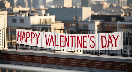 Happy Valentine's Day Banner Hanging on Modern City Rooftop Terrace with Urban Skyline Background