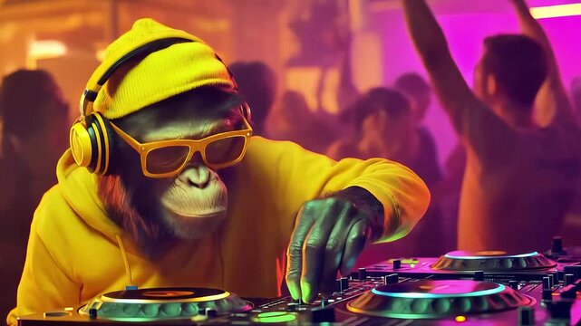 Monkey DJ playing music at a vibrant nightclub with colorful lights  