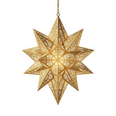 Fototapeta premium Glowing Gold Intricate Islamic Star Lantern with Detailed Geometric Pattern, a Traditional Ramadan and Eid Decoration Isolated