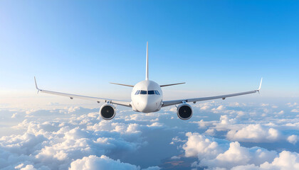 Obraz premium Front View of Commercial Airplane Flying Above Clouds in Clear Blue Sky