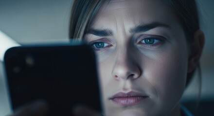 presbyopia woman stress fatigue focusconcept. Focused woman gazing at a phone screen in dim light.