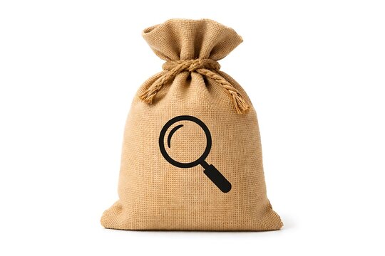 Burlap money bag with black Search symbolsack on white background.