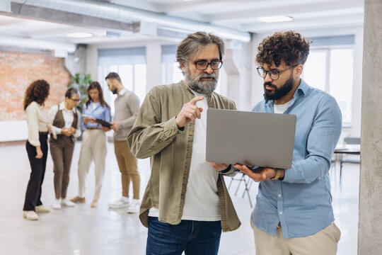 Business colleagues collaborating on laptop in modern office, older mentor guiding younger man, discussing project strategy