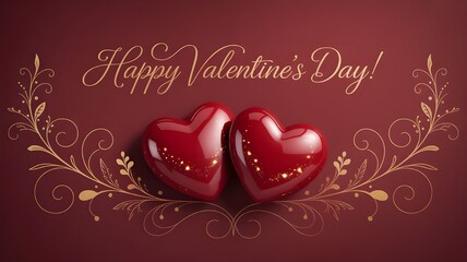 Happy valentine s day greeting with two red hearts and floral decor