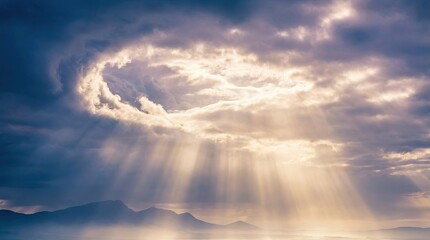 Fototapeta premium Abstract heavenly background with light from heaven concept. Majestic clouds and sun rays creating a breathtaking landscape.