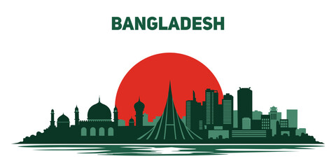 Bangladesh skyline vector illustration with red sun background. Clean flat design inspired by national colors for independence and patriotic themes. © barokzidane