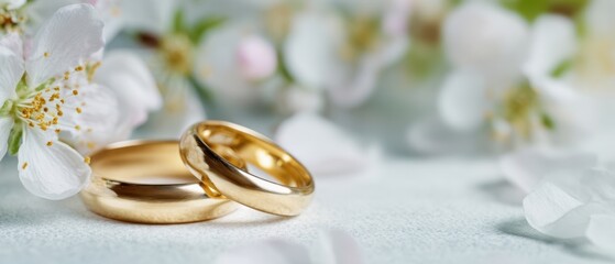 The Wedding Rings Resting on Soft Fabric Surrounded by Delicate Spring Blossom Petals