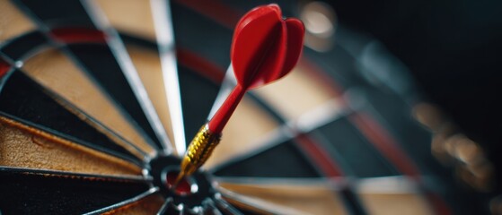 The dart piercing the bullseye on a classic dartboard with dramatic shallow focus
