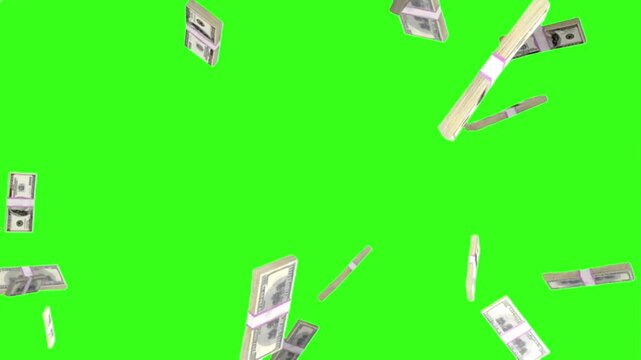 Falling Bundles of US Dollar Bills on Green Screen Background