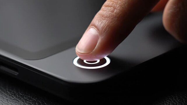 Finger pressing green button on electronic device, indoors, close-up, technology interaction