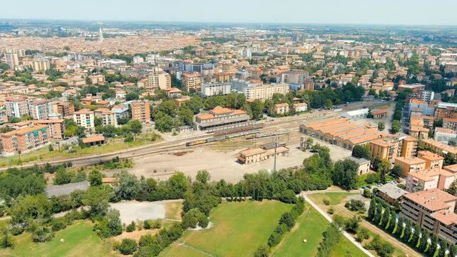 Modena, Italy. Modena Piazza Manzoni railway station. Historical Center. Summer. Drone footage, Point of interest, Point of interest