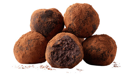 Pile of luscious chocolate truffles generously dusted with cocoa powder with few broken pieces scattered around on transparent background for advertising