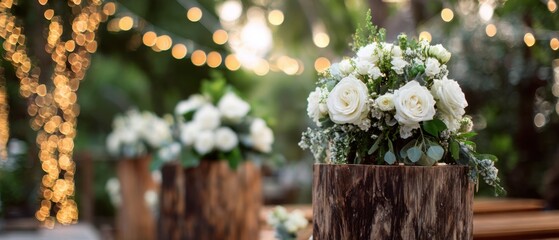 The White Rose Centerpiece on Rustic Log Stands with Bokeh Lights
