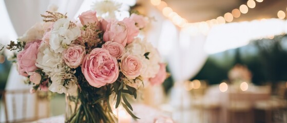 The Bouquet of Pink and White Roses as a Romantic Outdoor Reception Centerpiece