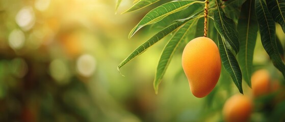 The Mango Hanging on Lush Branch with Sunlit Bokeh Background in Orchard