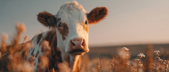 The Cow in a Golden Meadow at Sunset With Wildflowers and Soft Light