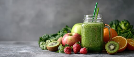 The Green Smoothie Mason Jar Surrounded by Fresh Fruits and Leafy Greens