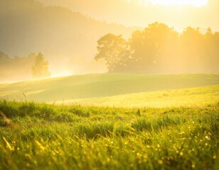Obraz premium Serene Sunrise in Fields with Misty Horizon and Glowing Trees