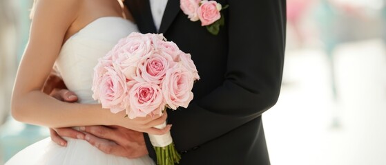 The bride and groom embracing with a pink rose bouquet on wedding day
