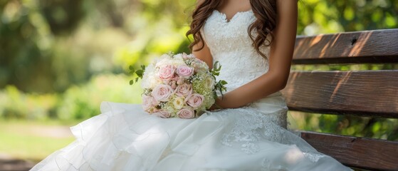 The Bride Sits on a Park Bench Holding a Blush Rose Bridal Bouquet
