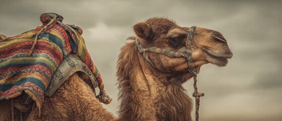The Camel Standing Proudly with Colorful Saddle Blanket Against Moody Desert Sky