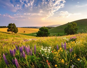 Obraz premium Serene Landscape with Colorful Wildflowers and Gentle Hills at Sunset