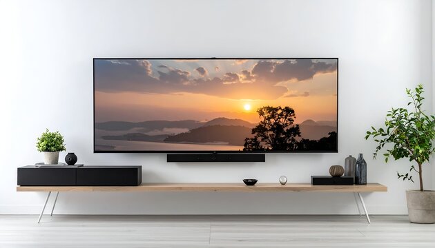 Large TV displays a sunset over water in modern, minimalist living space