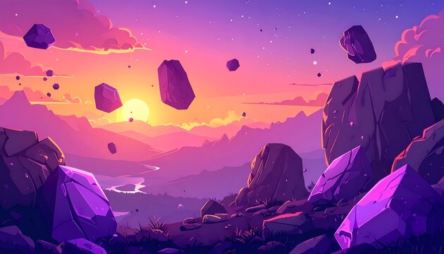 Purple/orange sunset over fantasy landscape with floating rocks