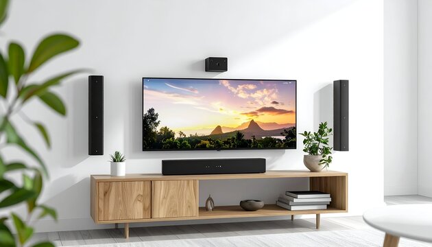 Modern living room setup with TV, sound system, wooden console, and plants