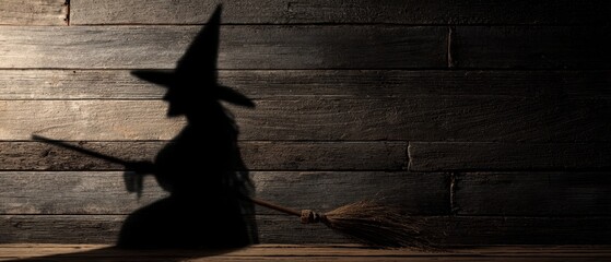 The Witch Silhouette Riding a Broomstick Against a Rustic Wooden Wall in Shadow