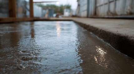 Fototapeta premium Wet concrete surface being poured and setting on a construction site foundation showing liquid texture and reflections